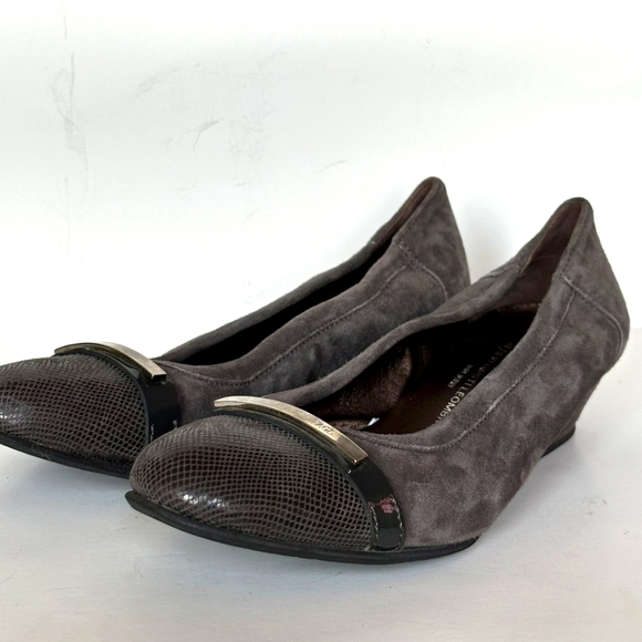 AGL Gray Suede Cap Toe Slip On Bar Wedge Heel Dress Shoe Pump size 37 - Picture 5 of 8